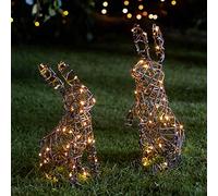 Lights4fun Lot de 2 Lapins de Paques Lumineux en Rotin à LED Blanc Chaud pour Extérieur