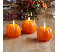 Lights4fun Lot de 3 Bougies Cierges Citrouilles TruGlow® en Vrai Cire à LED Blanc Chaud à Piles pour Intérieur