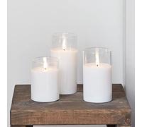 Lights4fun Lot de 3 Bougies Piliers TruGlow® en Cire Blanc avec Bougeoir en Verre à LED Blanc Chaud à Piles pour Intérieur