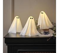 Lights4fun Lot de 3 fantômes décoratifs d'Halloween - LED blanc chaud et minuterie - Décoration de table