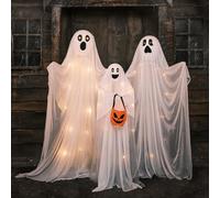 Lights4fun Lot de 3 Fantômes Lumineux d'halloween Figurine LED à Piles avec Minuterie Décoration de Jardin Extérieur Intérieur