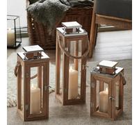 Lights4fun Lot de 3 Lanternes en Bois avec Bougie LED TruGlow® à Piles avec Minuterie et Anse en Corde pour Déco Intérieur