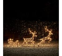 Lights4fun Lot Décoratif de 2 Rennes de Noël avec Traîneau Lumineux à 240 LED Blanc Chaud Lumières de Noël pour Extérieur Décoration de Noël Figurine de Noël