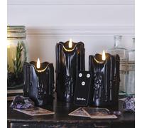 Lights4fun TruGlow® Lot de 3 Bougies sans Flamme à LED Blanc Chaud à Piles en Cire Véritable Noire Effet Fondu avec Minuterie et Télécommande Décoration d'Halloween pour Intérieur