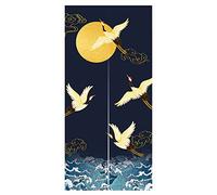 LIGICKY Noren Rideau de Porte Style Japonais Grues Vagues Doré Pleine Lune Imprimé Coton Lin Rideau de Porte Tapisserie pour Décoration de Maison 85x180cm Bleu Marine
