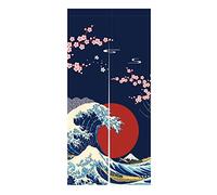 LIGICKY Rideau de porte japonais Noren Ukiyoe Hokusai La Grande Vague de Kanagawa Soleil Fleurs de Cerisier Imprimé Décoration de Porte pour Maison Restaurant 85 x 180 cm Bleu