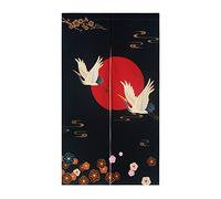 LIGICKY Style japonais, rideau Noren long et épais, rideau de porte, séparateur pour la maison, 85 x 150 cm, noir, grue blanche, soleil rouge et fleurs