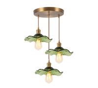 LIGINOK 3 Lampe Suspendue en Verre Intérieure Moderne Vert Fleurs E27 Suspension Luminaires Vintage Laiton Doré Lustre Réglable en Hauteur pour Salon Chambre Cuisine