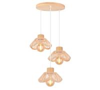 LIGINOK Lustre en Bambou Naturel 3 Lumières Suspension Rétro E27 Abat-jour en Bois et Rotin Luminaire Plafonnier Forme de Fleur Suspendu pour Salle à Manger Cuisine Salon(Rond)