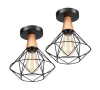 LIGKIN 2 Pièces Plafonnier Industriel, E27 Plafonnier Vintage en Métal Cage et Bois, Suspension Luminaire Rétro Design Chambre, Luminaires Intérieur Pour Salon, Chambre 22cm(Ampoule non Incluse)