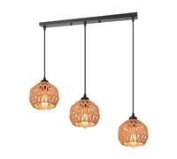 LIGKIN 3 Lumières Suspension Industriel Lustre Vintage Abat-jour en Métal et Rotin Luminaire Plafonnier Rétro E27 Lampe Suspendue avec une Barre pour Restaurant Salon Chambre