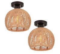 LIGKIN Lot de 2 Plafonnier Vintage Industrielle, E27 Lampe de Plafond Rétro, Ø20cm Bois Abat-jour Cage en forme Diamant en Métal et Corde de Chanvre, Lumière au plafond pour Salon Salle Chambre, Noir
