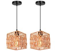LIGKIN Lot de 2 Suspension Luminaire Vintage E27 Lampe de Plafond Rétro Abat-jour en Métal et Rotin Lustre Plafonnier pour Cuisine Couloir Escalier, Ø15cm