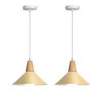 LIGKIN Lots de 2 Suspension Luminaire Vintage Industrielle E27 Plafonnier Lustre Moderne Ø25cm Abat-jour en Métal Bois Lampes Suspendues pour Cuisine Salle à Manger Chambre Café, Jaune