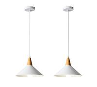 LIGKIN Lots de 2 Suspension Luminaire Vintage Industrielle E27 Plafonnier Lustre Moderne Ø25cm Abat-jour en Métal Bois Lampes Suspendues pour Cuisine Salle à Manger Chambre Café, Blanc