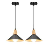 LIGKIN Lots de 2 Suspension Luminaire Vintage Industrielle E27 Plafonnier Lustre Moderne Ø25cm Abat-jour en Métal Bois Lampes Suspendues pour Cuisine Salle à Manger Chambre Café, Noir