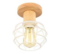 LIGKIN Plafonnier Industriel, E27 Plafonnier Vintage en Métal Cage et Bois, Suspension Luminaire Rétro Design Chambre, Luminaires Intérieur Pour Salon, Chambre, 13cm(Blanc)