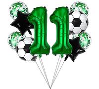 Liitata Lot de ballons de football pour 11e anniversaire Décoration Motif chiffre 11 Ballon de football Vert Décoration étoile Ballons noirs Confettis Pour enfant Pour fête d'anniversaire