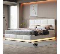 LIJBDDM Lit rembourré 180x200 cm avec éclairage LED et Coffre à Levage hydraulique, sommier à Lattes en Simili Cuir (White + PU Leather + 180cm*200cm)
