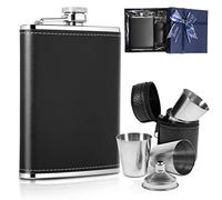 LILABIENE Flasque en acier inoxydable et cuir avec 4 gobelets - Coffret | Avec housse en cuir, avec boîte cadeau, entonnoir, cadeau pour homme