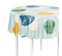 LILENO HOME Nappe lavable au mètre 140 cm ronde (bord coupé) avec motifs de cercles et de fougères bleues - Nappe en toile cirée hydrofuge idéale comme nappe ou chemin de table pour mobilier de jardin