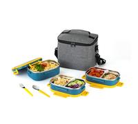 Lille Home Boîte à déjeuner Bento à 3 niveaux en acier inoxydable, 2,45 L, étanche, avec 5 compartiments pour adultes (Bleu)