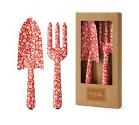Lilly Lot de 2 outils de jardinage - Pelle et fourchette à main - En fer revêtu par pulvérisation - 28 cm - Rouge avec motif floral blanc - Pour parterre, balcon et parterre surélevée