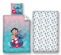 Lilo & Stitch Parure de Lit 3 Pièces 140x200 + Taie 65x65 + Drap 90x200 | Housse de couette polycoton Oeko-Tex | Compatible 90x190-200 | Hibiscus tropical | Licence Disney | Fille 5-14 | Réversible