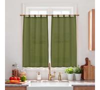 Lin Petit Rideau Cuisine Court avec Passants pour Meuble Bas Fenetre | Lot de 2,60x120cm,Olive,Pastorale Rideaux Brise-bise Semi Transparent Decoration Placard Bistrot Caravane,Style Campagne