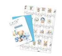 LINA OFFICINE GRAFICHE CREATIVE Lot de cartes de baptême et papier cadeau, ourson bleu, 16 x 12 cm et 100 x 70 cm