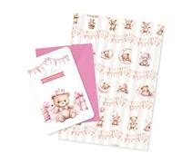 LINA OFFICINE GRAFICHE CREATIVE Set de baptême avec carte 16 x 12 cm et carte cadeau 100 x 70 cm, motif ours rose