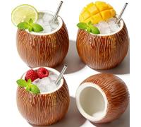 LINALL Lot de 4 tasses Tiki en céramique de 500 ml - Verres à cocktail hawaïens en noix de coco pour Mai Tai et Pina Colada, gobelets Tiki durables, parfaits pour une fête et un cadeau de bar