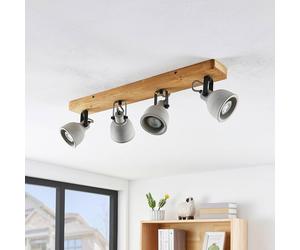 Lindby Spot Mitis, 70 cm, à 4 lampes, gris, bois, béton, GU10 Mitis Lindby, dimmable, bois foncé, Salon / Salle à manger, Bois, Industriel, Spot