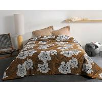 LINDER jeté de lit ouatiné Motif Fleur Nature - Tissé et Teint en France - Coloris Jaune thé et Noir - Dimensions 240x260cm - Tissu Polyester/Coton et ouate 100% Polyester - Collection PEONIA