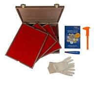 LINDNER Das Original Cassette à pièces en bois avec 4 inserts rouges en bois véritable avec 80 compartiments carrés de 47 mm de diamètre - Dimensions extérieures : 32,5 x 26,5 x 6 cm