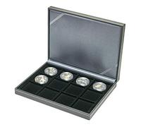 LINDNER Das Original NERA XM-Coffret numismatique avec 12 avéoles carrés pour Monnaies/Capsules jusqu'à Ø ext. 52 mm