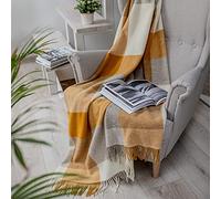 Linen & Cotton Couverture Chaude et Douce à Carreaux Devon - 100% Pure Laine de Nouvelle-Zélande, Beige Naturel Blanc Jaune Moutarde (140 x 200 cm) Plaid Hiver Femme Homme Couvre-Lit Jete de Canape
