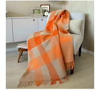 Linen & Cotton Couverture Chaude et Douce à Carreaux Devon - 100% Pure Laine de Nouvelle-Zélande, Beige Naturel Orange (140x 200 cm) Plaid Hiver Noel Femme Homme, Couvre-Lit, Jete de Canape