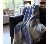 Linen & Cotton Couverture Chaude et Douce à Carreaux Devon avec Franges - 100% Pure Laine de Nouvelle-Zélande, Gris Bleu Blanc (140x 200 cm) Plaid Hiver Noel Femme Homme, Couvre-Lit, Jete de Canape