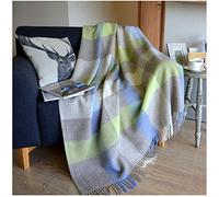 Linen & Cotton Couverture Chaude et Douce à Carreaux Devon avec Franges - 100% Pure Laine de Nouvelle-Zélande, Gris Bleu Vert (140x 200 cm) Plaid Hiver Noel Femme Homme, Couvre-Lit, Jete de Canape