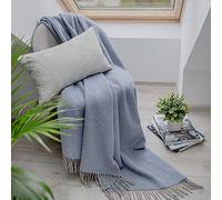 Linen & Cotton Couverture Chaude et Douce Couverture Confortable Columbus - 100% Pure Laine de Nouvelle-Zélande, Beige Naturel Bleu Clair (140 x 200 cm) Plaid Dessus de Lit Couvre-Lit Jete de Canape