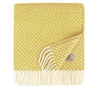 Linen & Cotton Couverture en Laine Douce de Qualite Sofia avec Franges - 100% Pure Laine de Nouvelle-Zélande, Jaune (130 x 170 cm) Plaid Canape Femme Homme en Laine Vierge Décoration de Votre Chambre