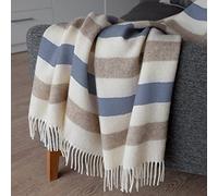 Linen & Cotton Couverture Rayée Malmo en Pure Laine de Nouvelle-Zélande - Beige Blanc Bleu (140 x 200 cm) Plaid Couvre-Lit Jeté de Canapé ou Fauteuil