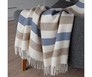 Linen & Cotton Couverture Rayée Malmo en Pure Laine de Nouvelle-Zélande - Beige Blanc Bleu (140 x 200 cm) Plaid Couvre-Lit Jeté de Canapé ou Fauteuil