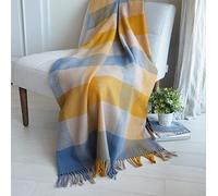 Linen & Cotton Douce et Chaude Couverture en Laine à Carreaux Bolivia - 100% Pure Laine de Nouvelle-Zélande, Beige Creme Jaune Moutarde Bleu (130 x 170 cm) Plaid Coloré Couvre-Lit Jeté de Canapé Sofa