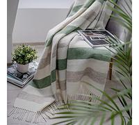 Linen & Cotton Malmo - Jeté de lit rayé en 100 % pure laine de Nouvelle-Zélande, beige, naturel, blanc, vert (140 x 200 cm), plaid chaud pour canapé et lit