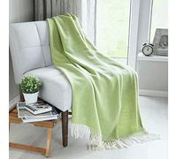 Linen & Cotton Plaid de Luxe, Très Doux et Chaud STONEWOLD -100% Laine Merinos, Vert Olive Clair (140 x 200cm) Couverture Chauffante/Jeté de Canapé/Couvre Lit Polaire/Blanket pour Sofa/Idée Cadeau