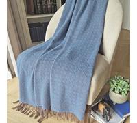 LINEN & COTTON Plaid Laine PARIS - Couverture Canapé Marron Bleu 140x200 | Jeté de lit grande taille, 100% pure laine de Nouvelle-Zélande, chaud et doux, motif diamant à franges, parfait pour fauteuil