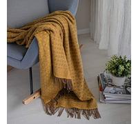 LINEN & COTTON Plaid Laine PARIS - Couverture Canape Marron Jaune 140x200 | Jeté de lit grande taille, 100% pure laine de Nouvelle-Zélande, chaud et doux, motif diamant à franges, parfait pour fauteuil