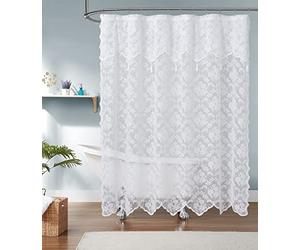 LinenZone Rideau de Douche Extra Long en Tissu en Dentelle avec cantonnière attachée - Style Rustique Moderne, Parfait pour Un décor campagnard ou Rustique (Blanc)